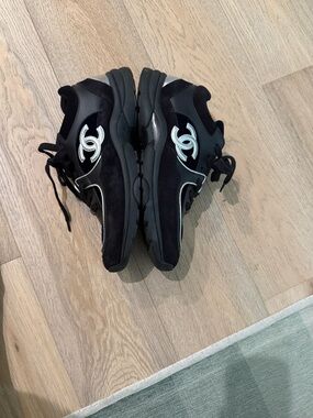 CHANEL Black and Silver Low-Top Logo Sneakers size 42